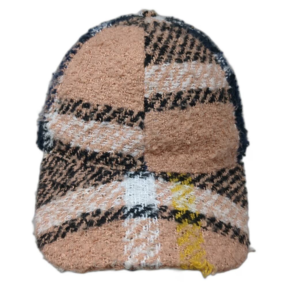 David and Young Baseball Cap Beige Blue White Yellow One Size Bouclé Plaid Hat